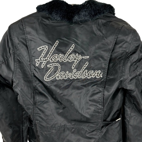 Harley Davidson Women’s Nylon Motorcycle Biker Jacket Black Cropped Small Fur - Picture 10 of 17